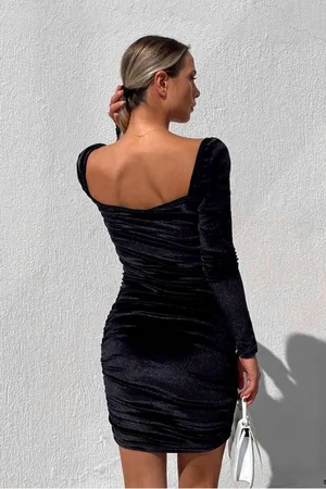 Kadife Yaka Büzgülü Abiye Kalp Kumaş Elbise