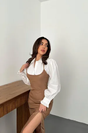 Bej Sırt Dekolteli Deri Elbise - Bej