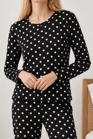 Kadın Desenli İkili Siyah Rahat Pijama Takımı 4814