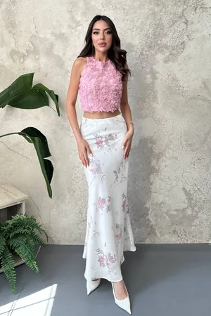 Ekru Saten Soft Çiçekli Etek