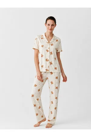 Regular V Yaka Günlük Kırık Beyaz Pijama Takımı