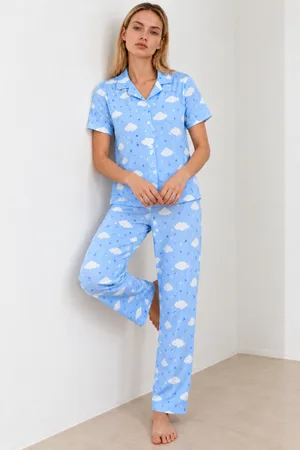 Kadın Desenli Mavi Kısa Kollu Pijama Takımı 4832
