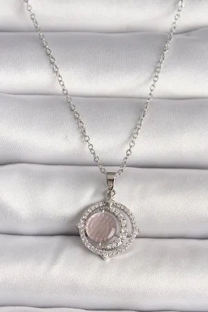 316L Çelik Gümüş Renk Zirkon Taşlı Pembe Sedefli Hilal Model Kadın Kolye