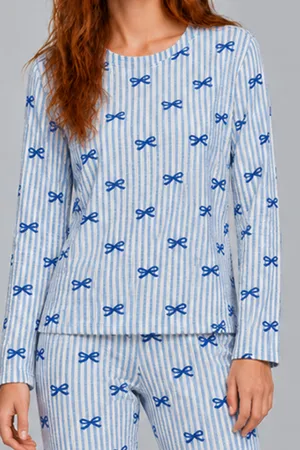 Kadın Desenli İkili Mavi Rahat Pijama Takımı 4815