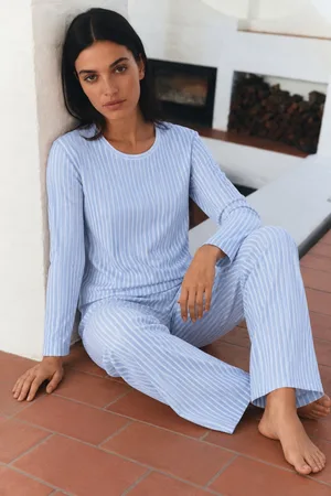 Kadın Çizgili Regular Şık Mavi Pijama Takımı