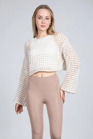 Ekru Ajurlu Crop Bluz - Ekru