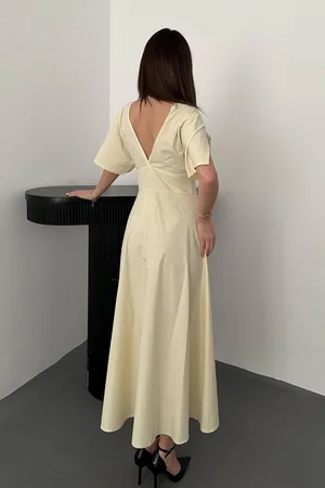Sarı Düğmeli Midi Boy Poplin Elbise