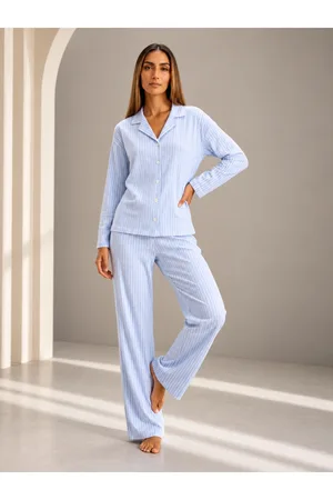 Kadın Önden Düğmeli Uzun Kollu Mavi Pijama Takımı