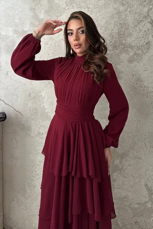 Bordo Kat Kat Bel Detaylı Elbise