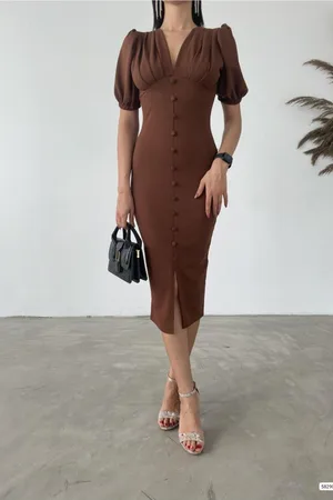 Krep Yaka Kısa Abiye Kumaş Elbise V Kollu