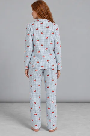 Kadın Kiraz Desenli Pötikare Mavi Pijama Takımı 4792