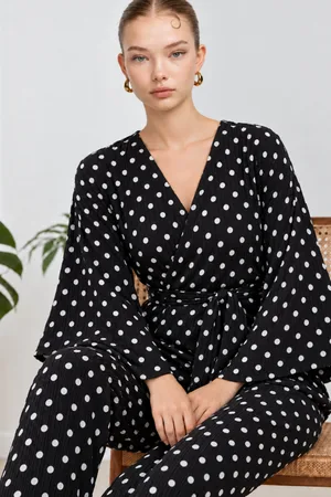 Kadın Kruvaze Kuşaklı Siyah İkili Pijama Takımı 4803