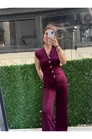 Ön Gold Düğmeli Modal Kumaş Yelekli ZR Model Takım - Bordo