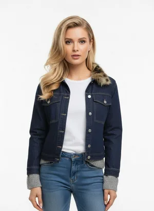 Kürk Yaka Detaylı Premium Denim Ceket – Modern Kesim Şık Jean Ceket - Mavi