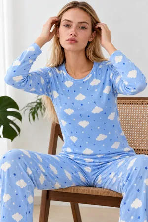 Kadın Kışlık Trend Mavi Gecelik Pijama Takımı 4833