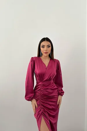 Fuşya V Yaka Saten Elbise