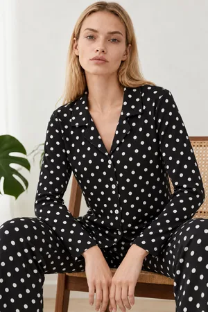 Kadın Gömlek Yaka Desenli Siyah Pijama Takımı 4812