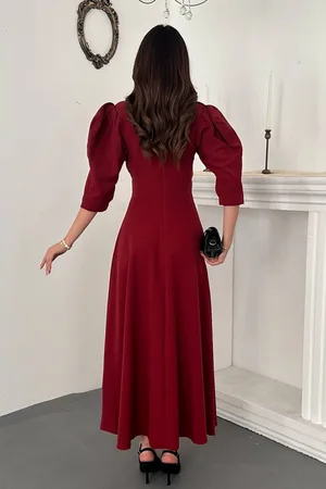 Bordo Ön Dekolteli Fiyonk Garnili Uzun Elbise