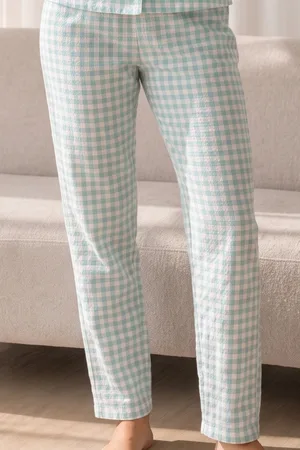 Kadın Loose Uzun Paça Pamuk Su Yeşili Pijama Takımı