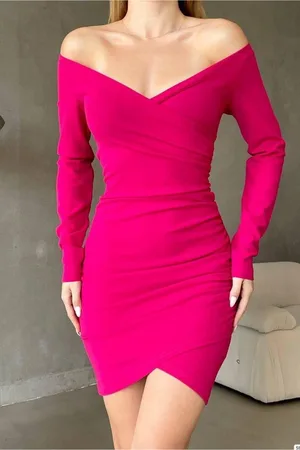 Kruvaze Uzun Yaka Büzgülü Mini Elbise Kollu