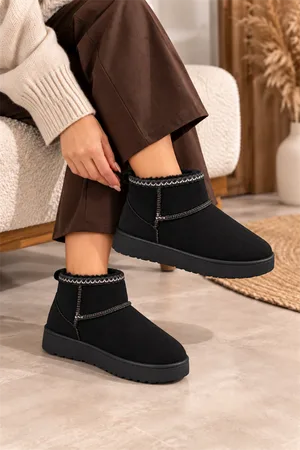 Kadın Tabanlı Bootie Mini Kürklü Sıcak Kısa Bot Bot Süet İçi &