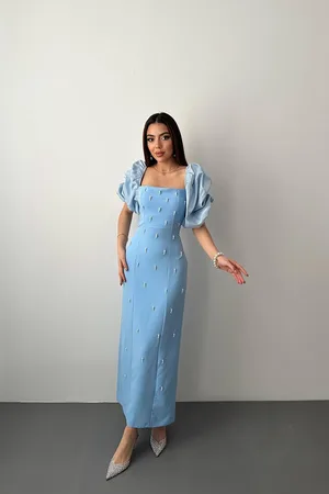Bebe Mavi İşlemeli Kolu Garnili Elbise - Bebe Mavi