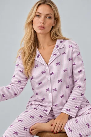 Kadın Gömlek Yaka Desenli İkili Mor Pijama Takımı 4810