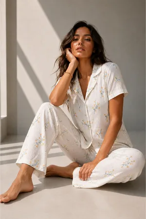 Kadın Klasik Doğal Düğme Gece Çok Renkli Pijama Takımı