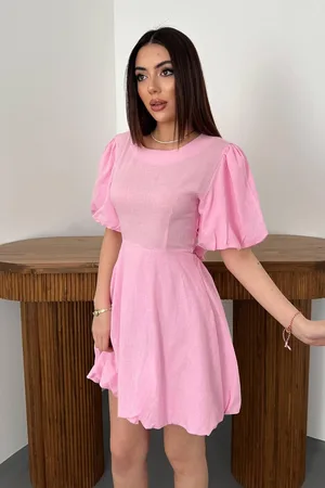 Pembe Arkadan Bağlamalı Keten Elbise - Pembe
