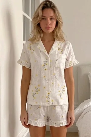 Kadın Viskon Kısa Kol Regular Çok Renkli Pijama Takımı