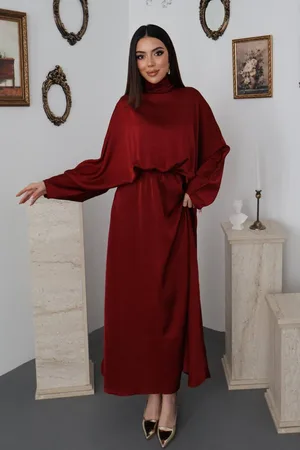 Bordo Jakarlı Saten Elbise - Bordo