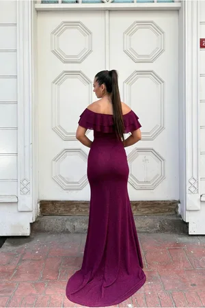 Krep Straplez Abiye Kumaş Yırtmaçlı Elbise