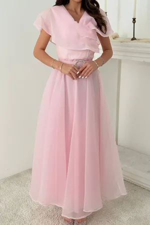 Pembe Pelerin Detaylı Organze Elbise