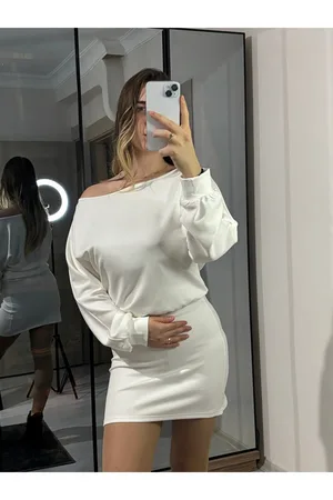 Modal Kumaş Kayık Yaka Mini Elbise - Beyaz