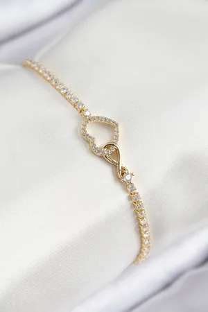 Pirinç Zirkon Taşlı Sonsuzluk Kalp Model Gold Renk Kadın Bileklik