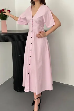 Pembe Düğmeli Midi Boy Poplin Elbise - Pembe