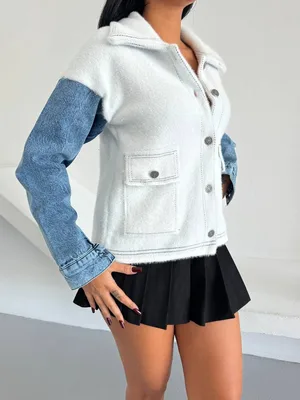 Denim Kol Detaylı Kontrast Ceket – Güçlü Stil, Net Duruş-Beyaz - Beyaz
