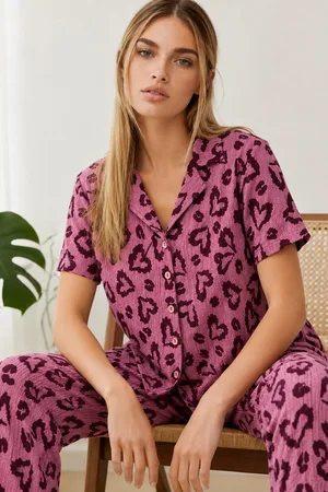 3 Adet Kadın Kısa Kollu Rahat Pijama Takımı Mor