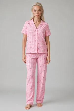Ekose Fiyonk Desenli Kısa Kollu Pijama Takımı Kadın Düğmeli Uzun Alt Pembe Pijama Takımı 4633