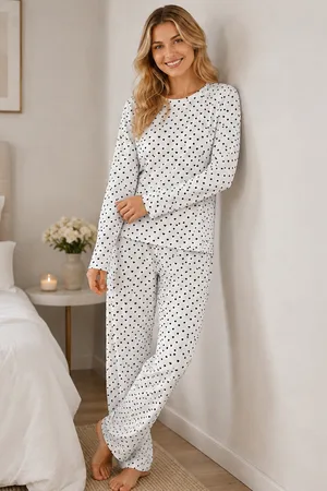 Kadın Kalpli Uzun Kol Rahat Pijama Takımı 4673 Beyaz