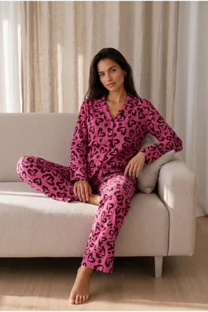Kadın Desenli Basic Kış Lila Pijama Takımı