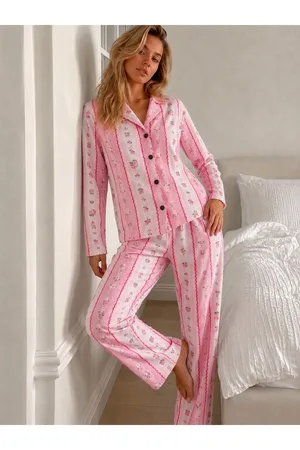 Kadın Desenli Düğmeli Uzun Kollu Pembe Pijama Takımı