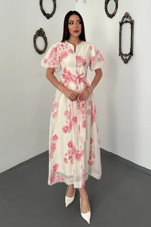 Pembe Pileli Balon Kollu Elbise