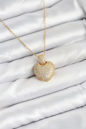 316L Çelik Zincir Gold Renk Zirkon Taşlı Kalpli Kadın Kolye