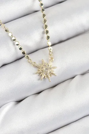 Brass Zircon Stone North Star Design Flattened Chain Gold Tone Women's Necklace