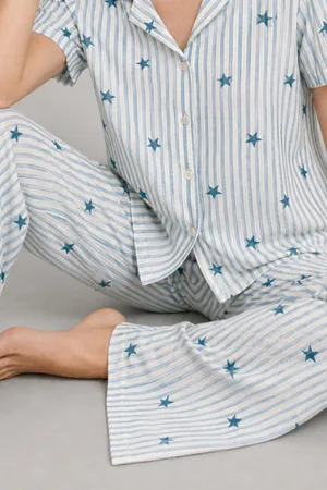Kadın Kısa Kollu Rahat Mavi Pijama Takımı 4728