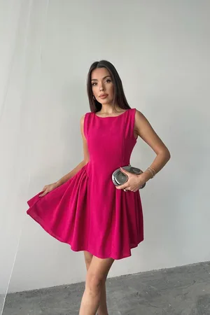 Fuşya Mini Boy Büzgülü Keten Elbise - Fuşya