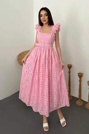 Pembe Dantelli Brode Elbise - Pembe