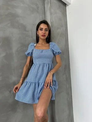 Mavi Pötikare Mini Elbise – Balon Kol, Sırt Bağlamalı Yazlık Kadın Elbise - Mavi