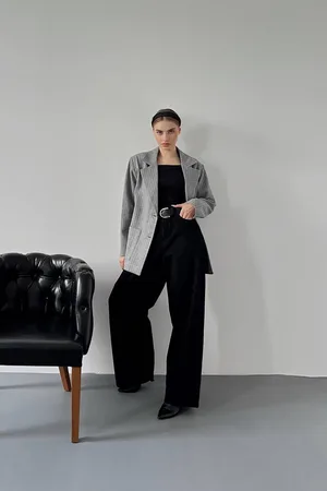 Gri Çizgili Oversize Ceket